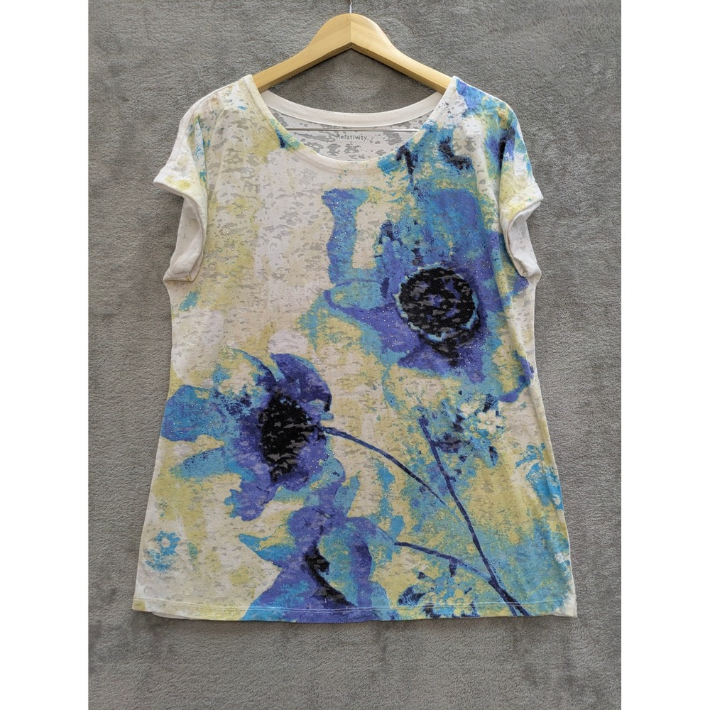 Boho Floral Burnout T-Shirt Women Large Blue Yellow Rhinestone Cap Sleeve Tee